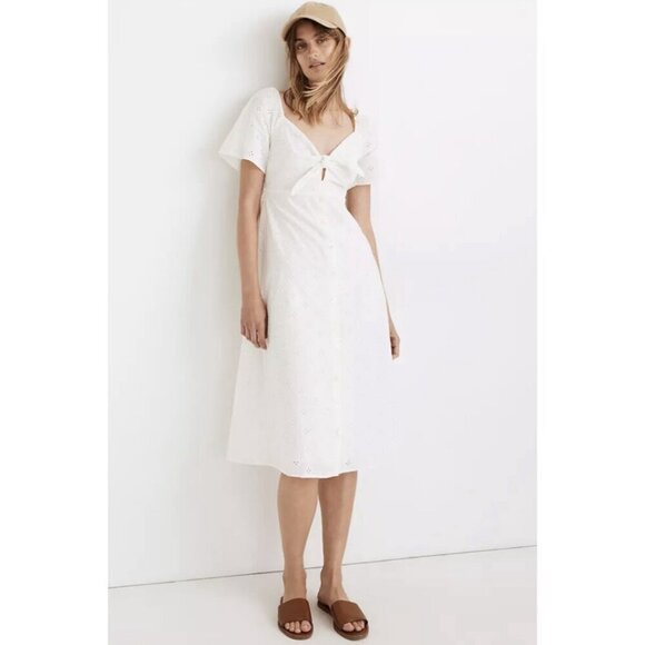 Madewell White Cotton Eyelet Embroidery Tie Front Keyhole A-line Midi Dress 2 - Picture 2 of 15